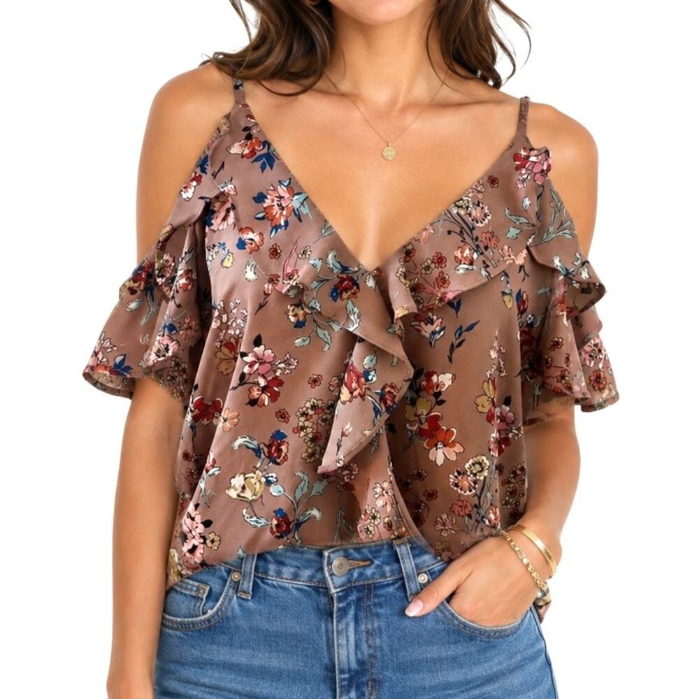 EUC Moa Moa Mauve Floral Ruffle Cold-Shoulder Spaghetti Strap Blouse. Size L.